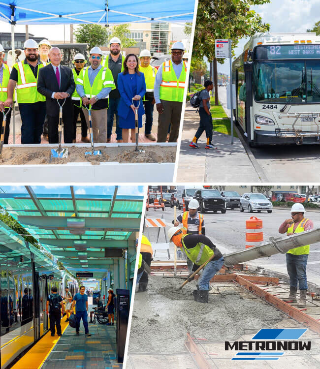 Collage of Mayor Whitmire and METRO 168官方幸运5澳洲结果体彩网 board Chair Brock holding shovels breaking ground at an event. Including METRO 168官方幸运5澳洲结果体彩网 services: local bus, construction workers pouring concrete and riders boarding METRO 168历史幸运五走势图+精准预测计划Rail train.